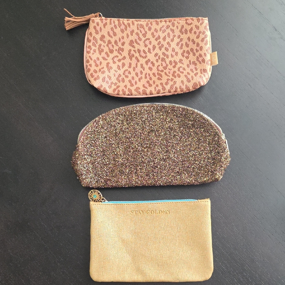 Ipsy Leopard, Glitter, and Gold Cosmetic Bags